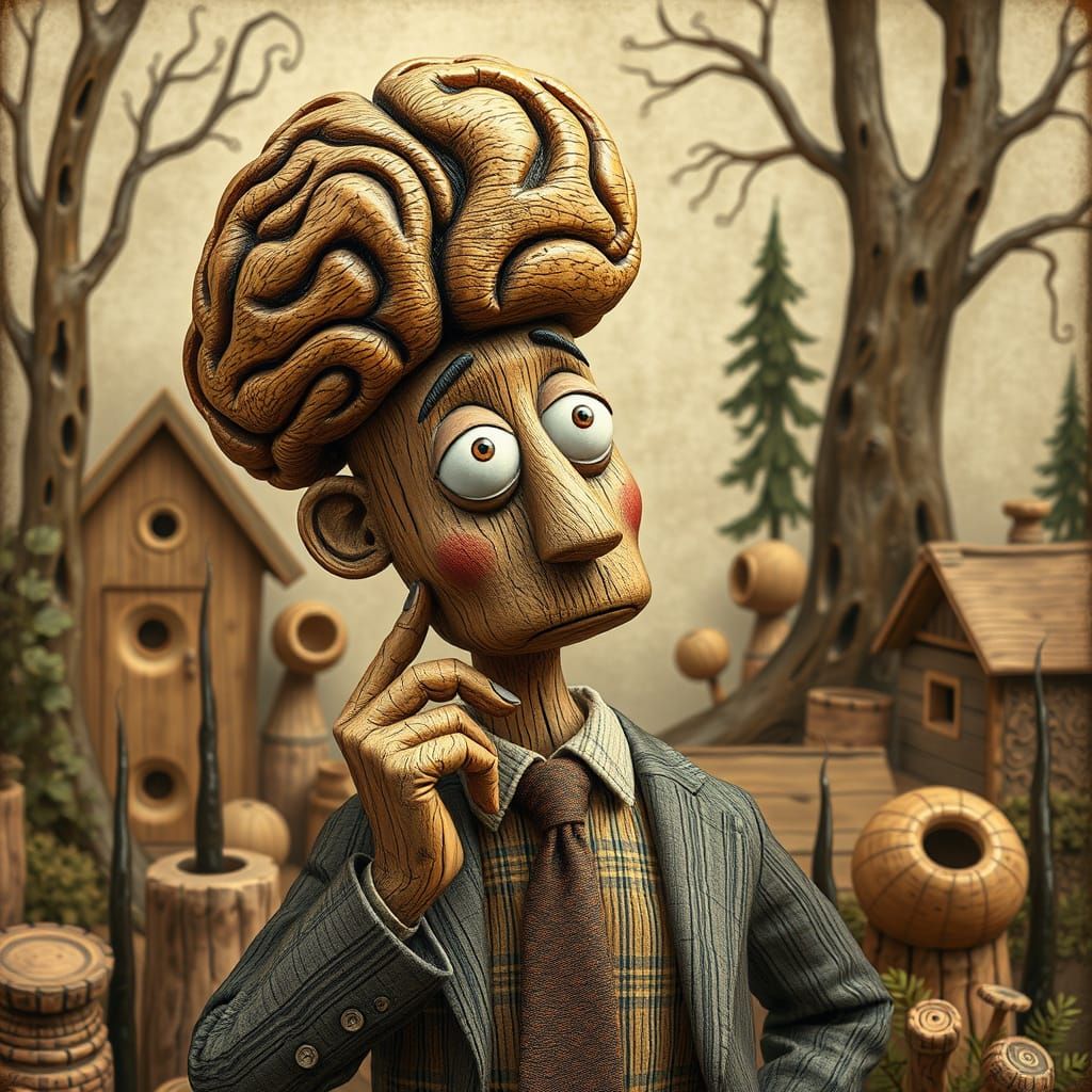 Whimsical Wooden Character with Oak Brain in Naive Art Style