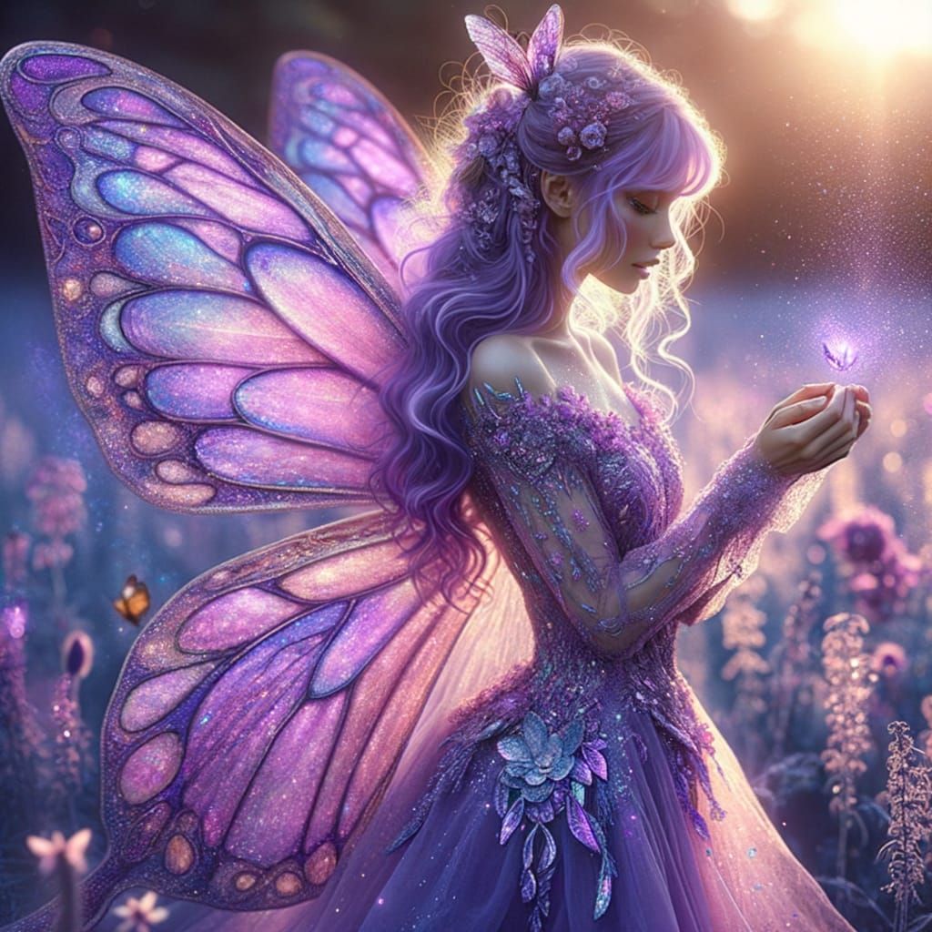 Ethereal Purple Butterfly Fairy in Sunlit Meadow