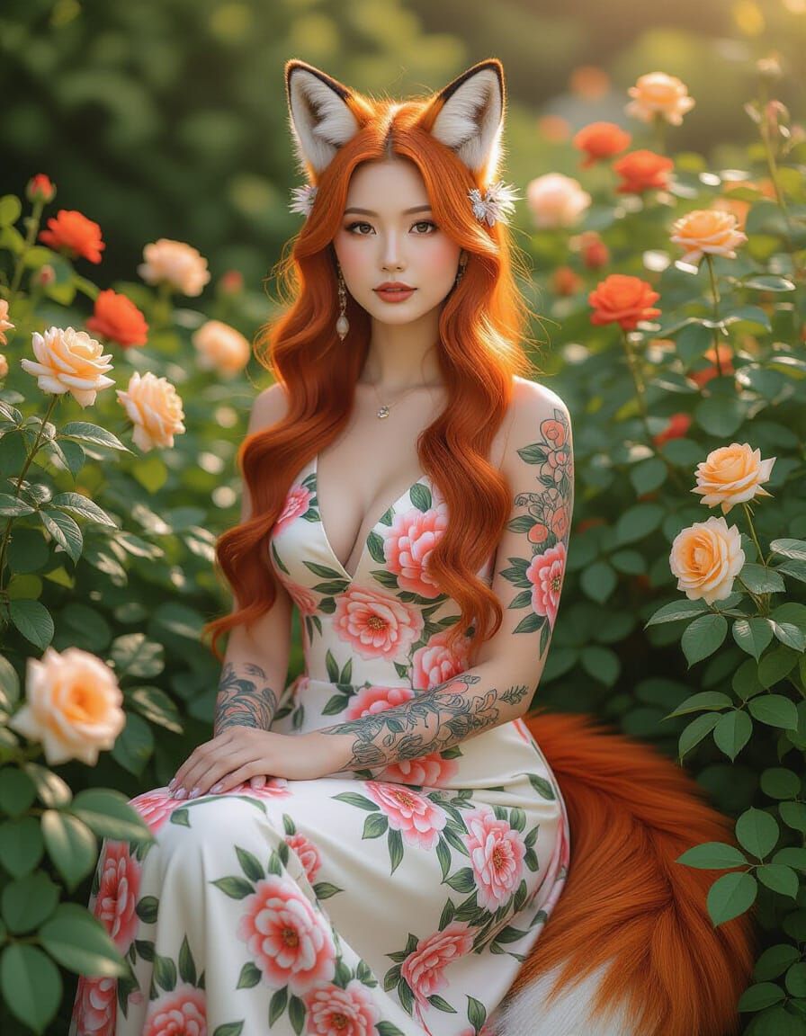 Floral Foxgirl in Lush Rose Garden