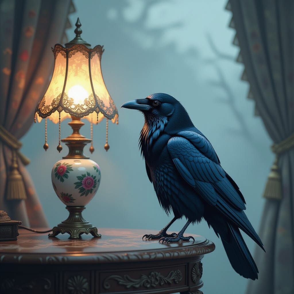 Raven and Lamp in Atmospheric Digital Art Style