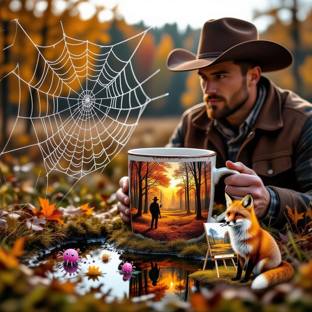 Cowboy's Autumnal Mug: Forest, Pond, and Fox Painter
