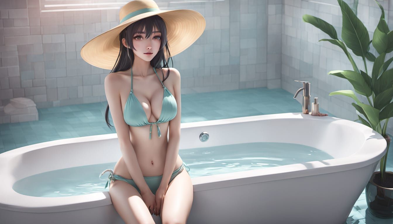 Vibrant 3d anime art. Medium shot. Beautiful female in bikin...