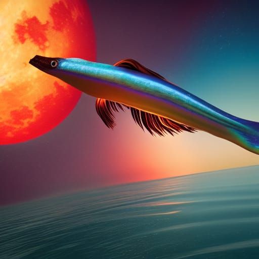Iridescent Squid Flying Over Ocean Under Blood Moon