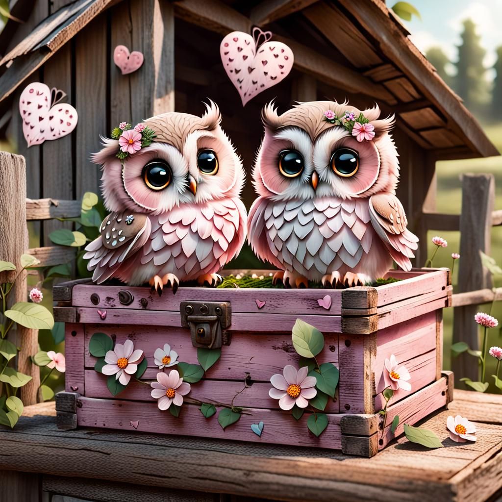 Chibi Owls Surrounded by Hearts in Farm Garden