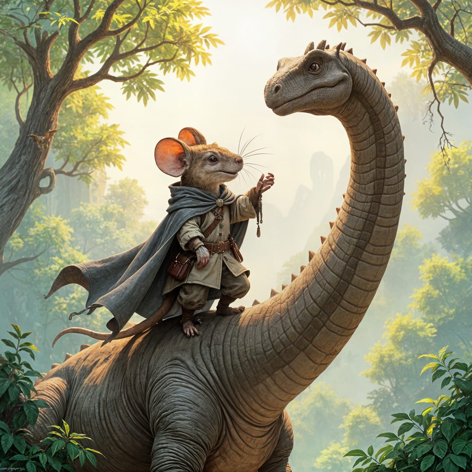 Mouse on Dinosaur Reaching for Fruit, Hyperdetailed Fantasy