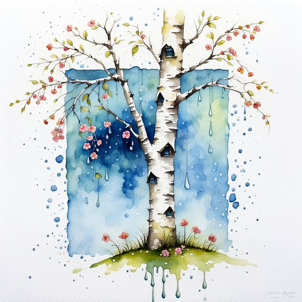 Watercolor Birch with Flowers in Subdued Colors