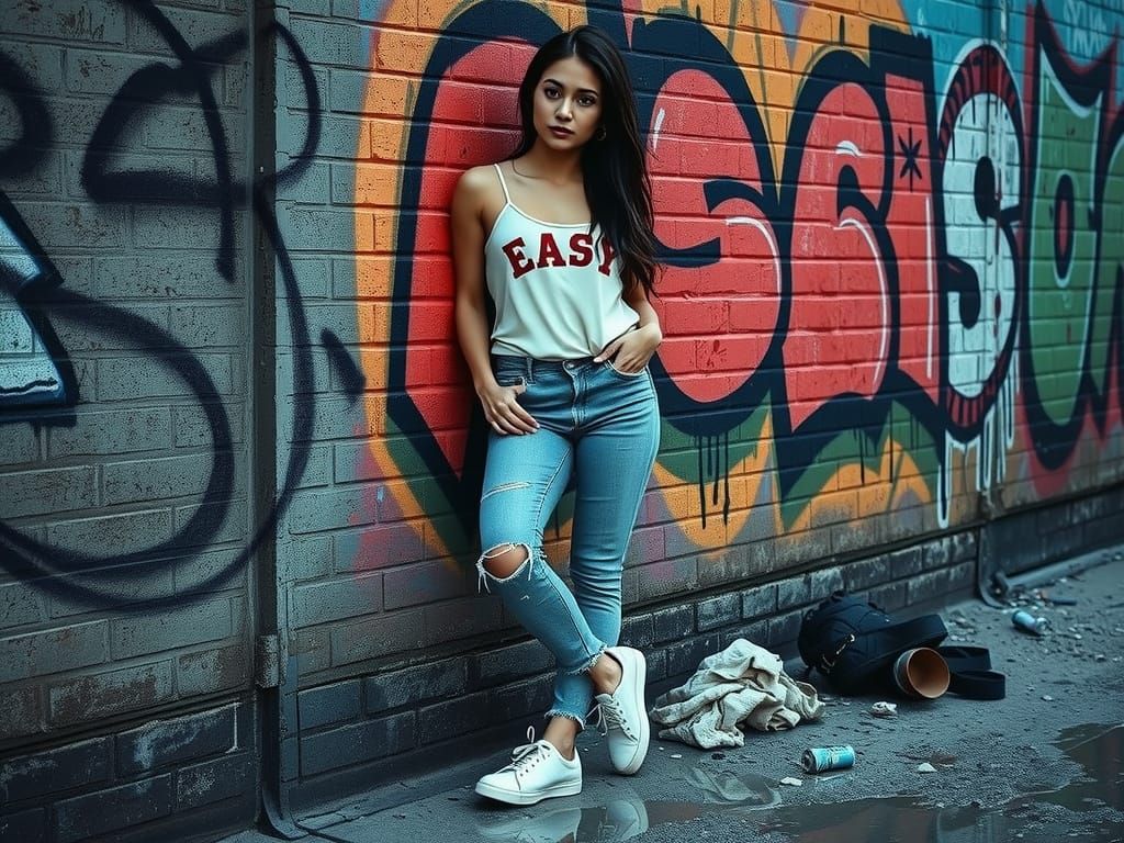 Young Woman Leans Against Graffiti Wall
