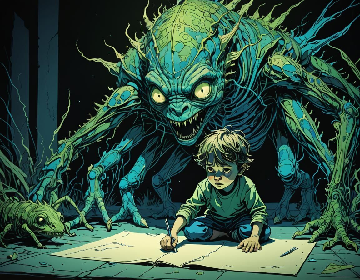 Startled Child and Emerging Creature: Line Art Illustration