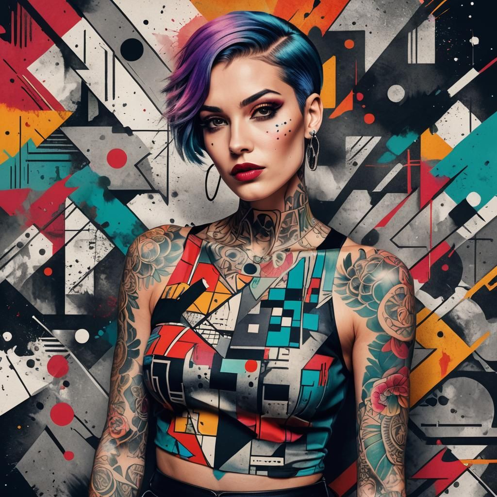 Pop Art Model in Brutalist Scene: Digital Illustration