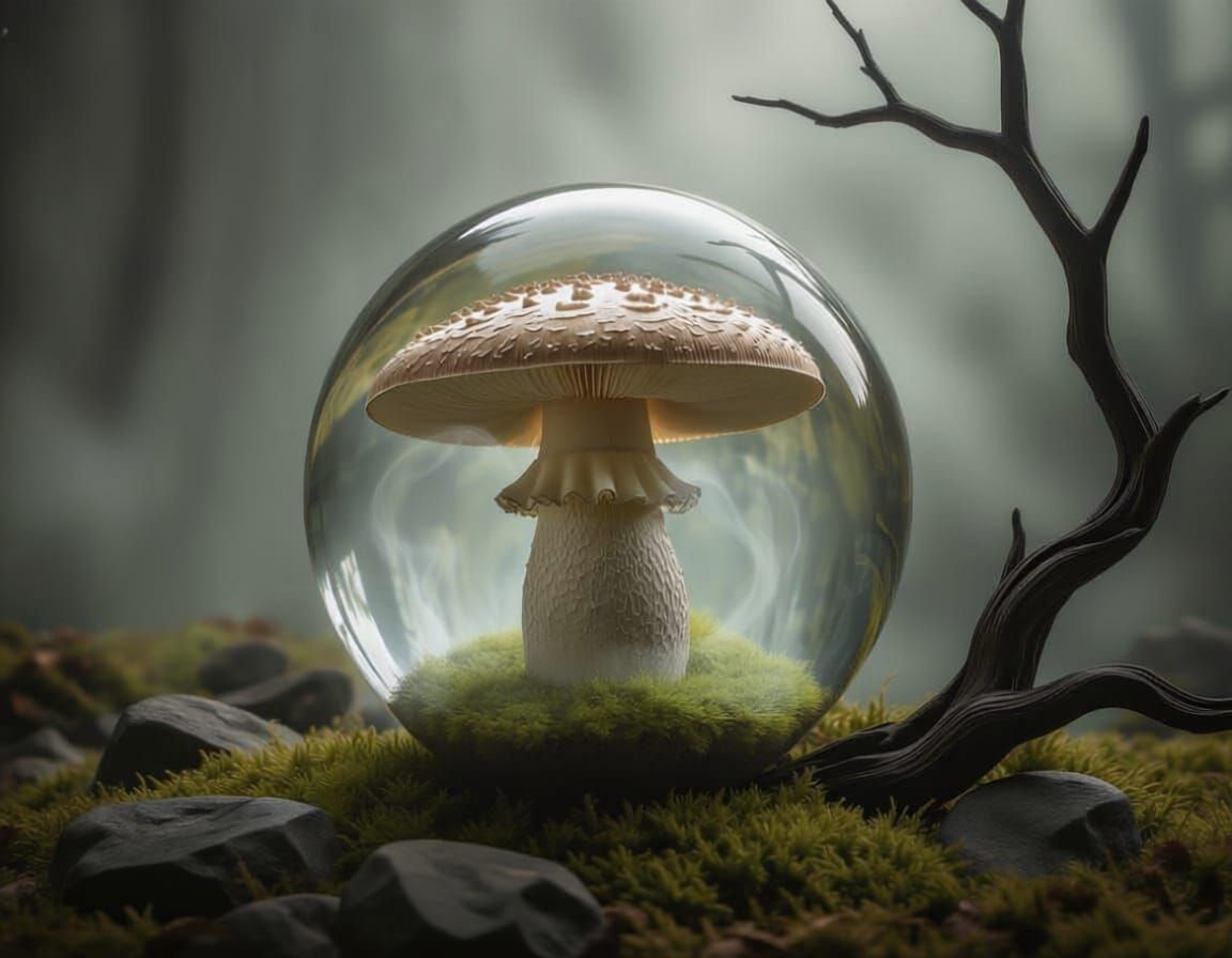 Dark Photograph: Mushroom in Glass Orb with Eerie Mist