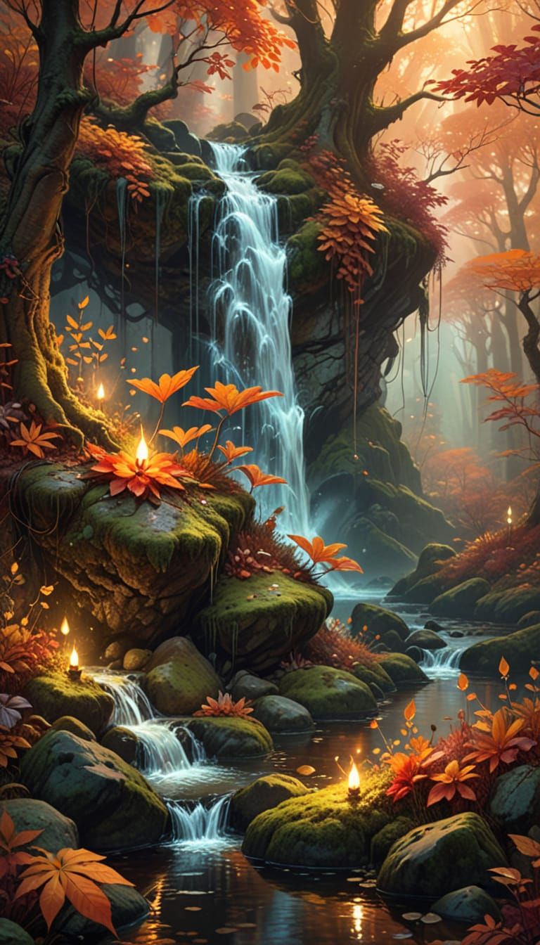 Enchanted Autumn Waterfall of Liquid Gold
