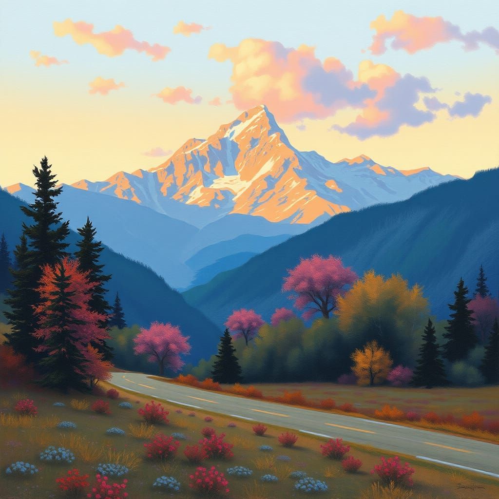 Serene Sunset Mountain Landscape in Pastel Colors