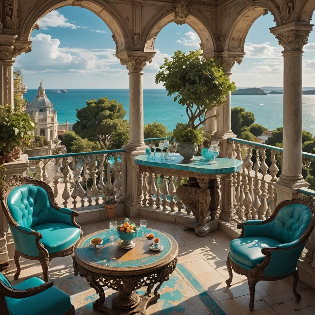 Baroque Terrace with Turquoise Sea and Exotic Fruit