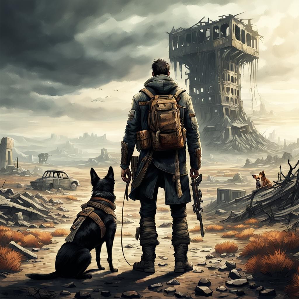 Wanderer and Dog in Post-Apocalyptic Wasteland