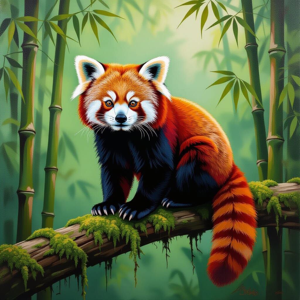 Red Panda in Lush Bamboo Forest - Impressionist Masterpiece