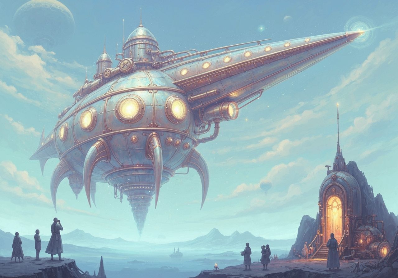 Retro Rocketship on Alien Planet in Dreamy Watercolor