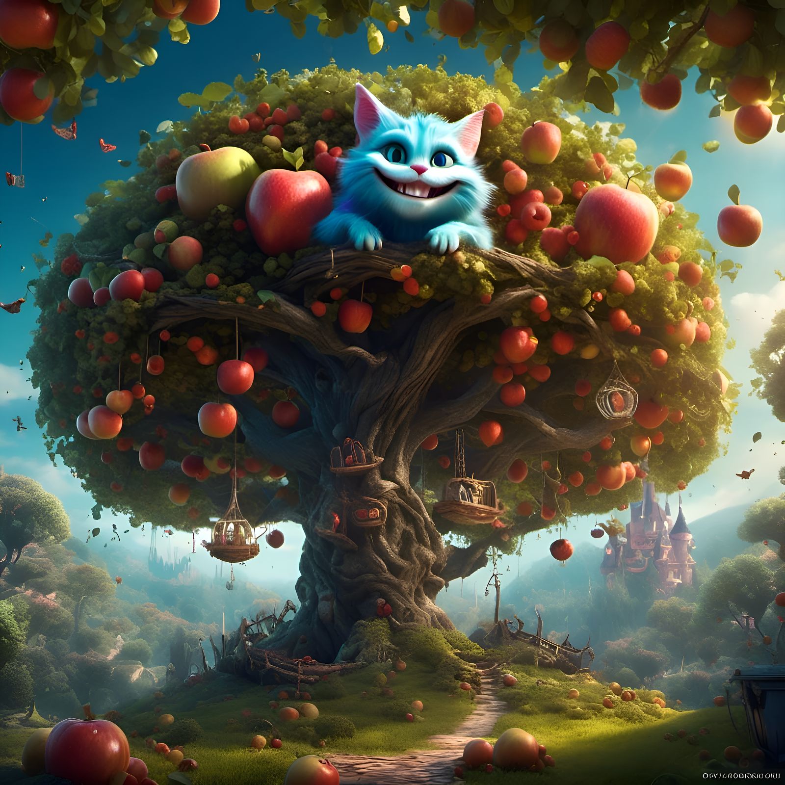 Cheshire Cat Laughing in Apple Tree, Jansson Illustration