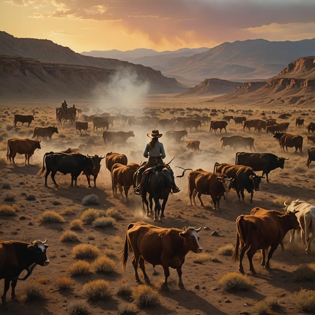 Cowgirl Herding Cattle in Ethereal Western Landscape