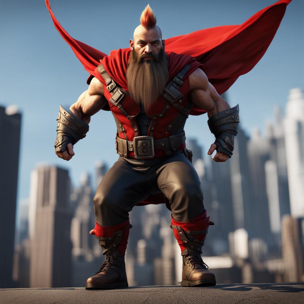 Flying Dwarf Superhero with Mohawk in Red Spandex