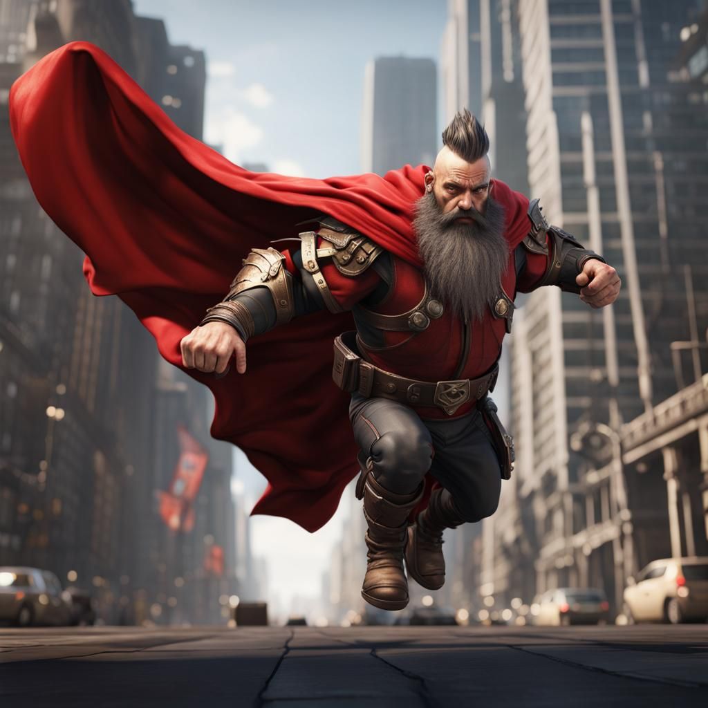 Flying Superhero Dwarf with Mohawk in City
