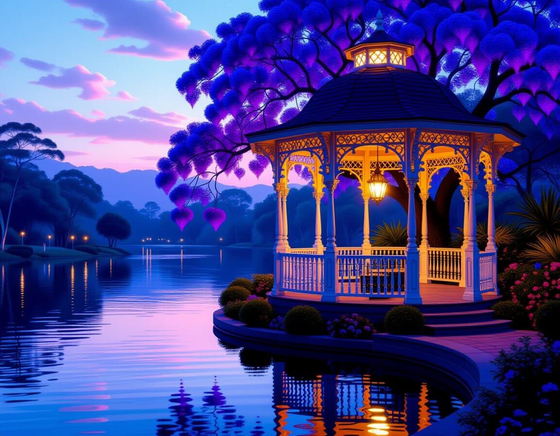 Bioluminescent Gazebo in a Kaleidoscopic Jacaranda Garden