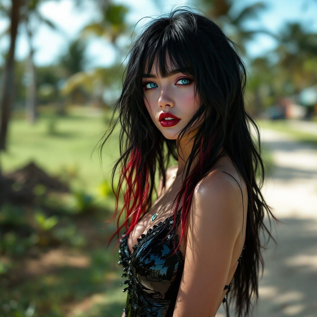 Gothic Punk Influencer in Vibrant Latex Dress