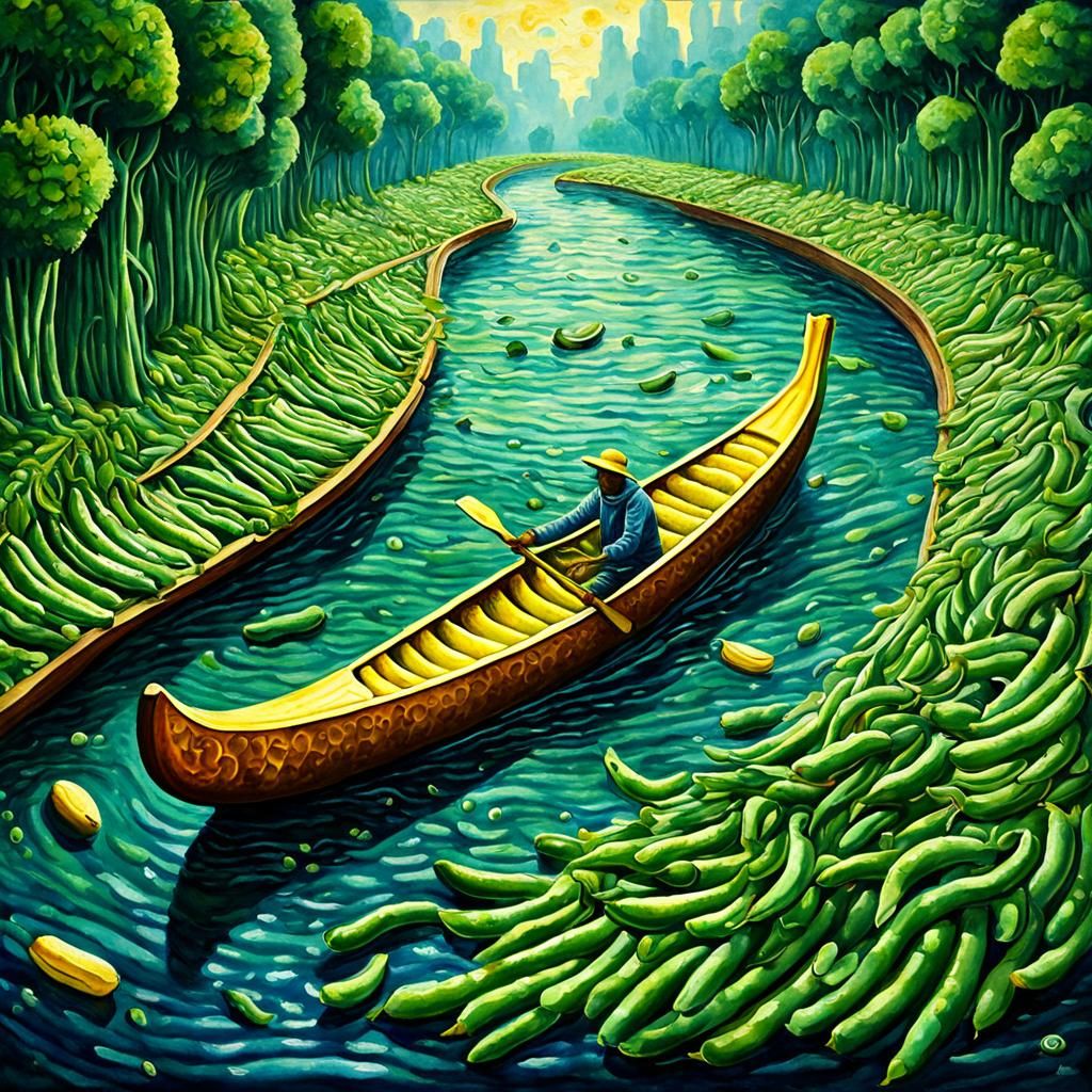 Surrealist Banana Canoe with Broccoli Paddlers in Gouache St...