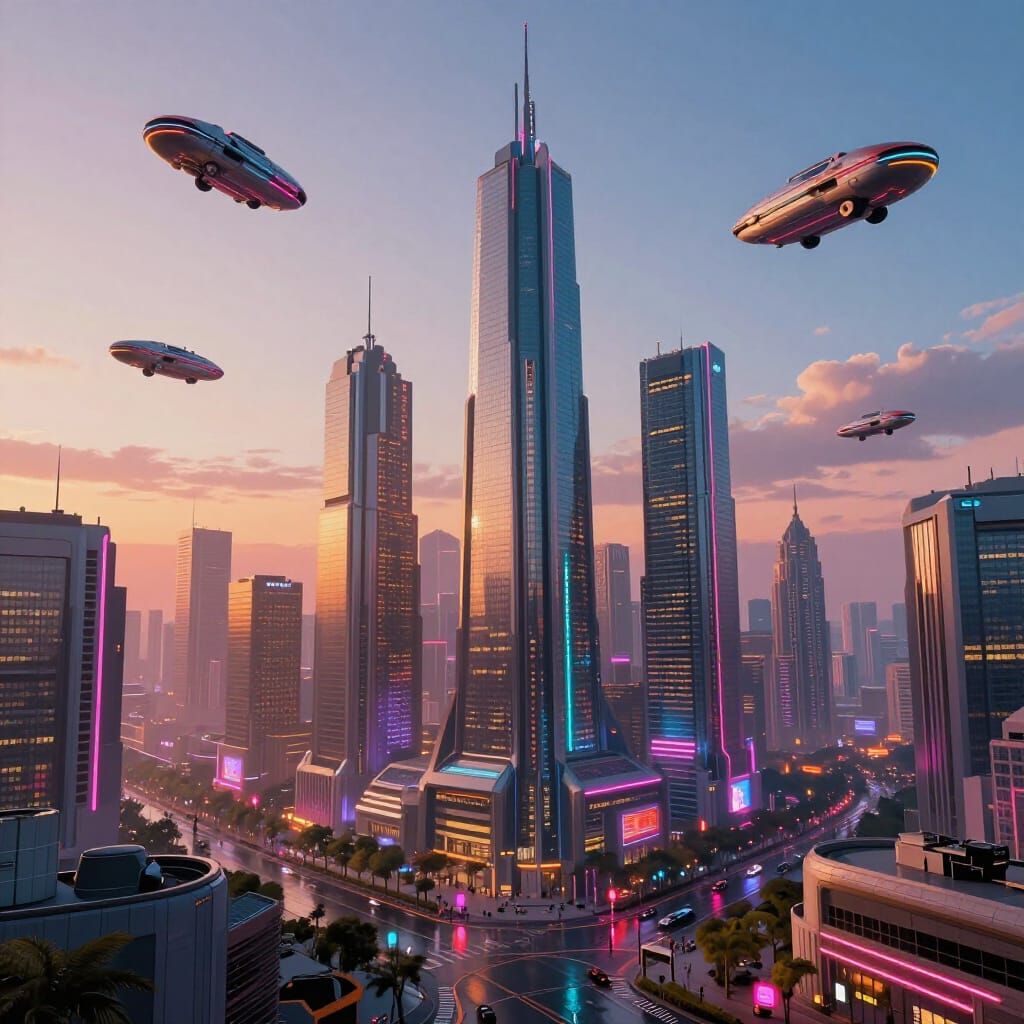Retro-Futuristic Cityscape at Dawn with Flying Cars