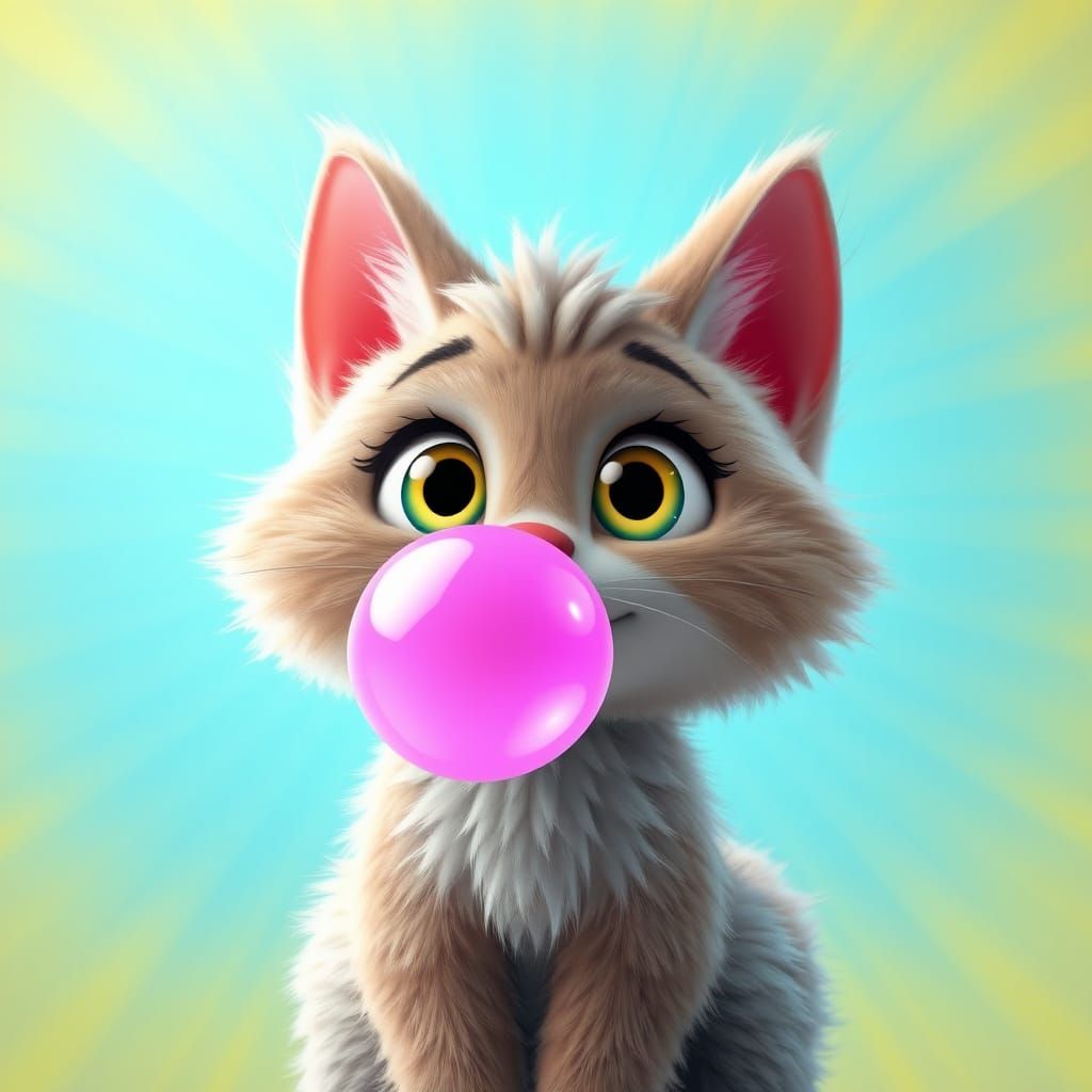Whimsical Cartoon Kitty Blows a Bright Pink Bubble in a Vibr...