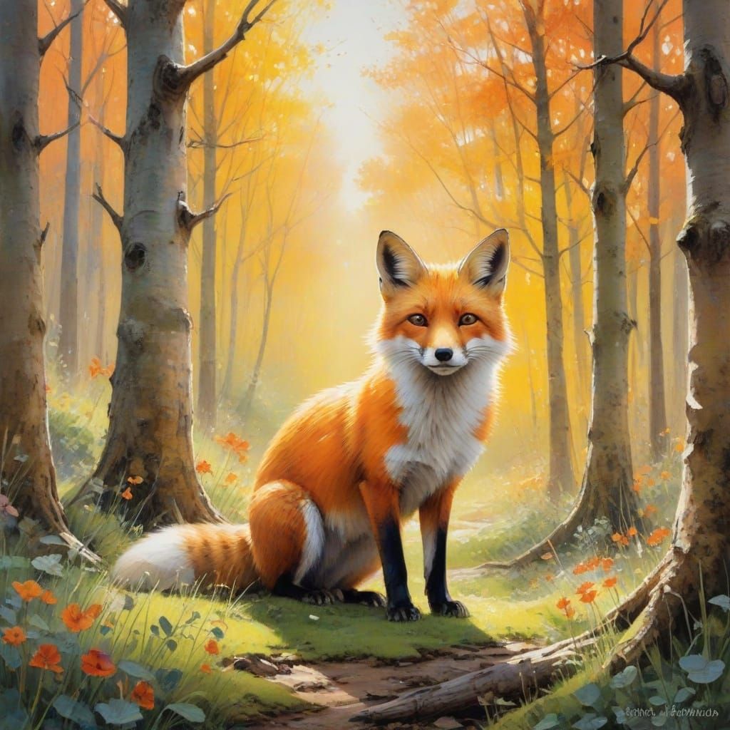 A fox with soft fur and curious expression stands in a forest glade