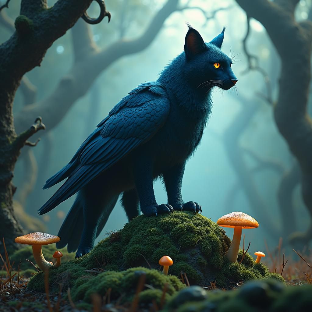 Puma-Raven Hybrid in Enchanted Forest: Fantasy Concept Art