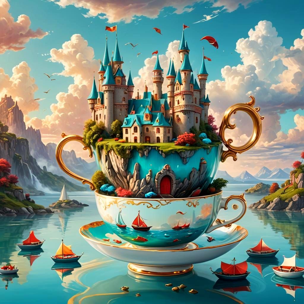 Floating Castle in Teacup: Hyperrealistic Island Dream