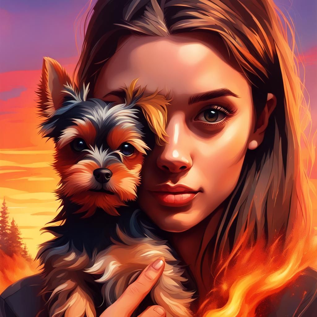 Girl with Yorkshire Terrier at Sunset: Hyperrealistic Splash...