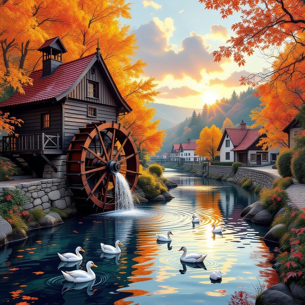 Water Wheel Mill Amidst Vibrant Autumn Foliage in Holographi...
