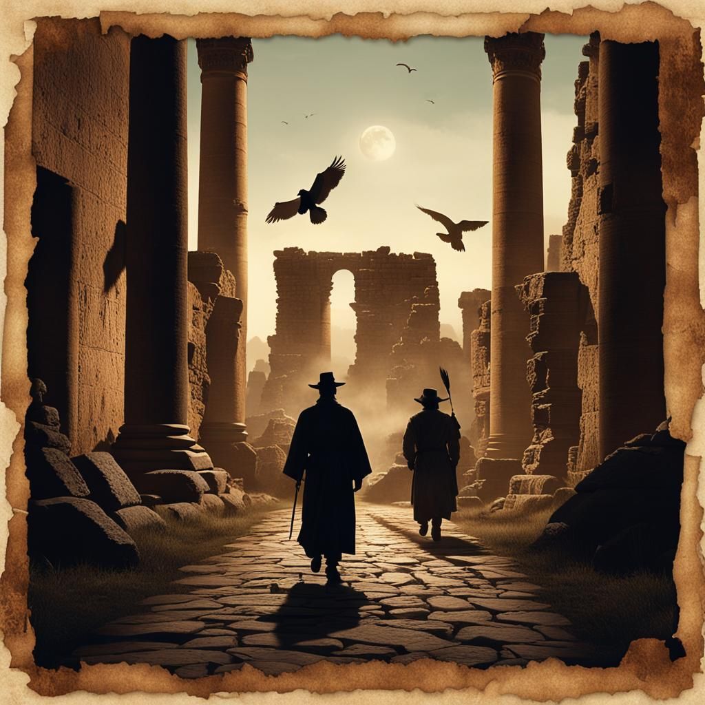 Enigmatic Silhouettes in Ancient Ruins: A Cinematic Banner