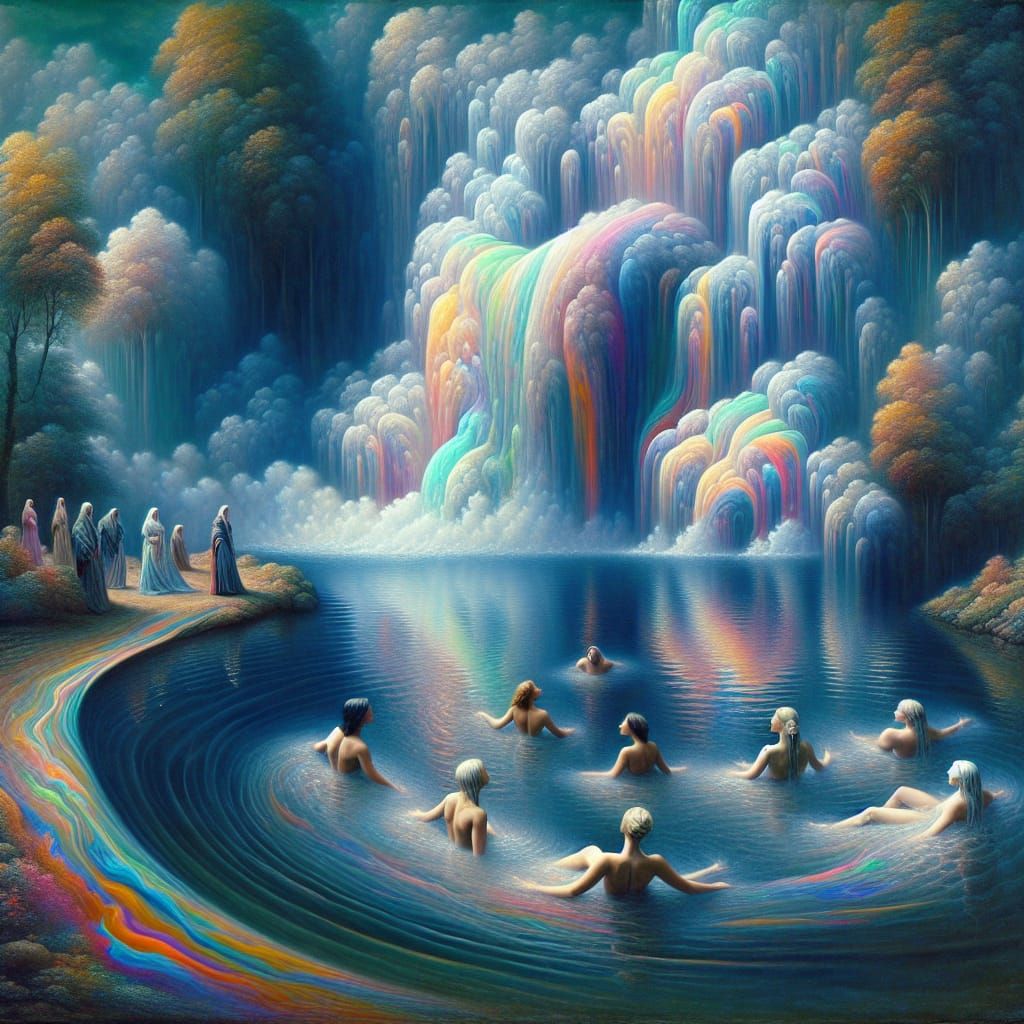 Surreal Waterfall Scene with Women in Renaissance Style