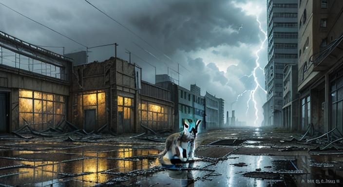 Post-Apocalyptic Cityscape with Tabby Cat in Ghibli Style