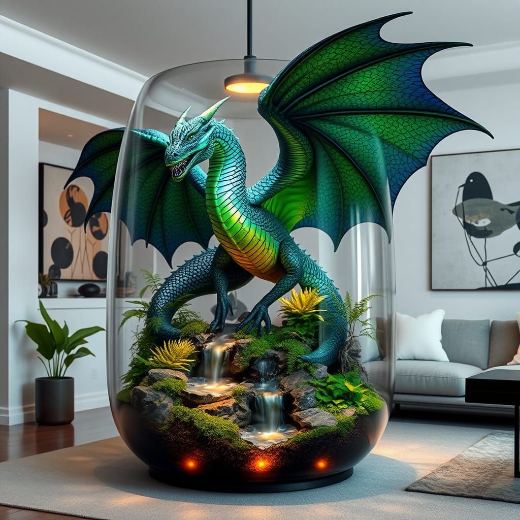 Emerald and Sapphire Dragon in Modern Terrarium