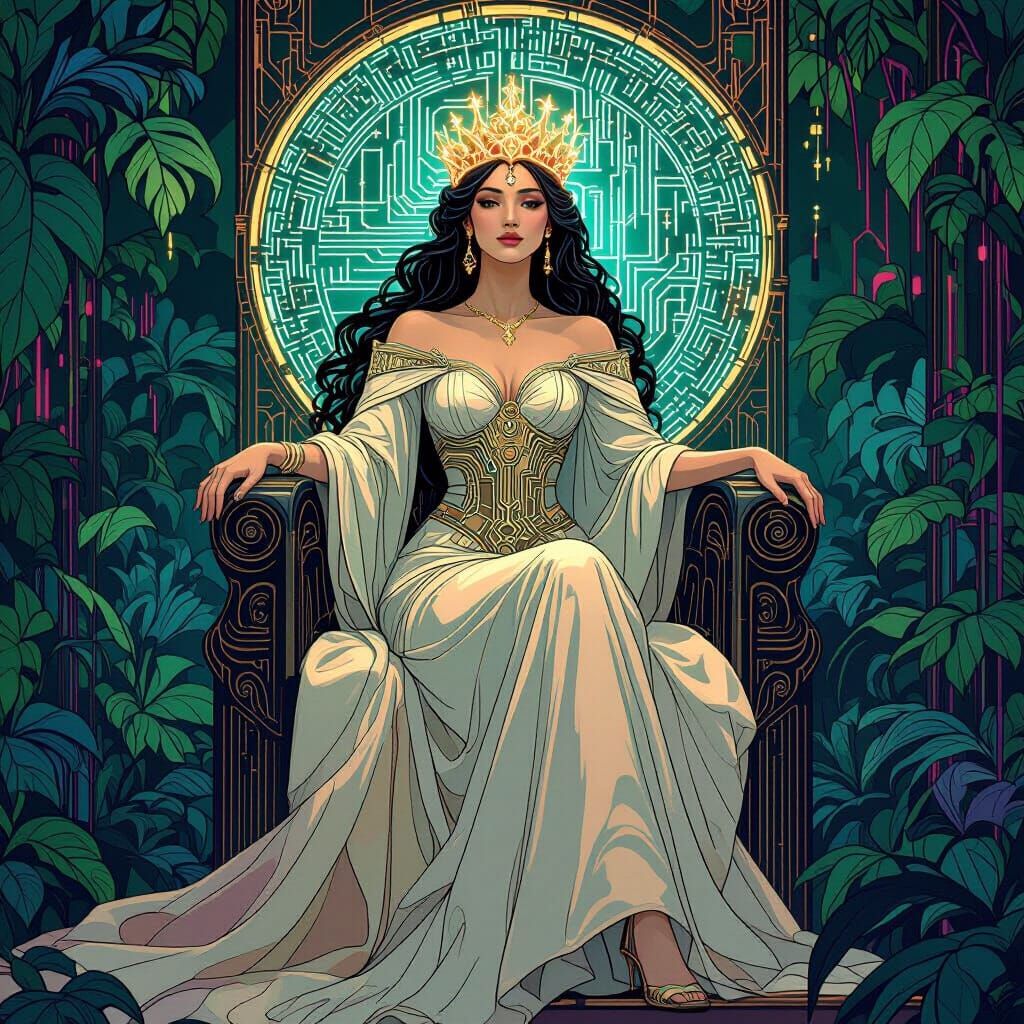 Cyberpunk Queen on Data Throne in Digital Jungle
