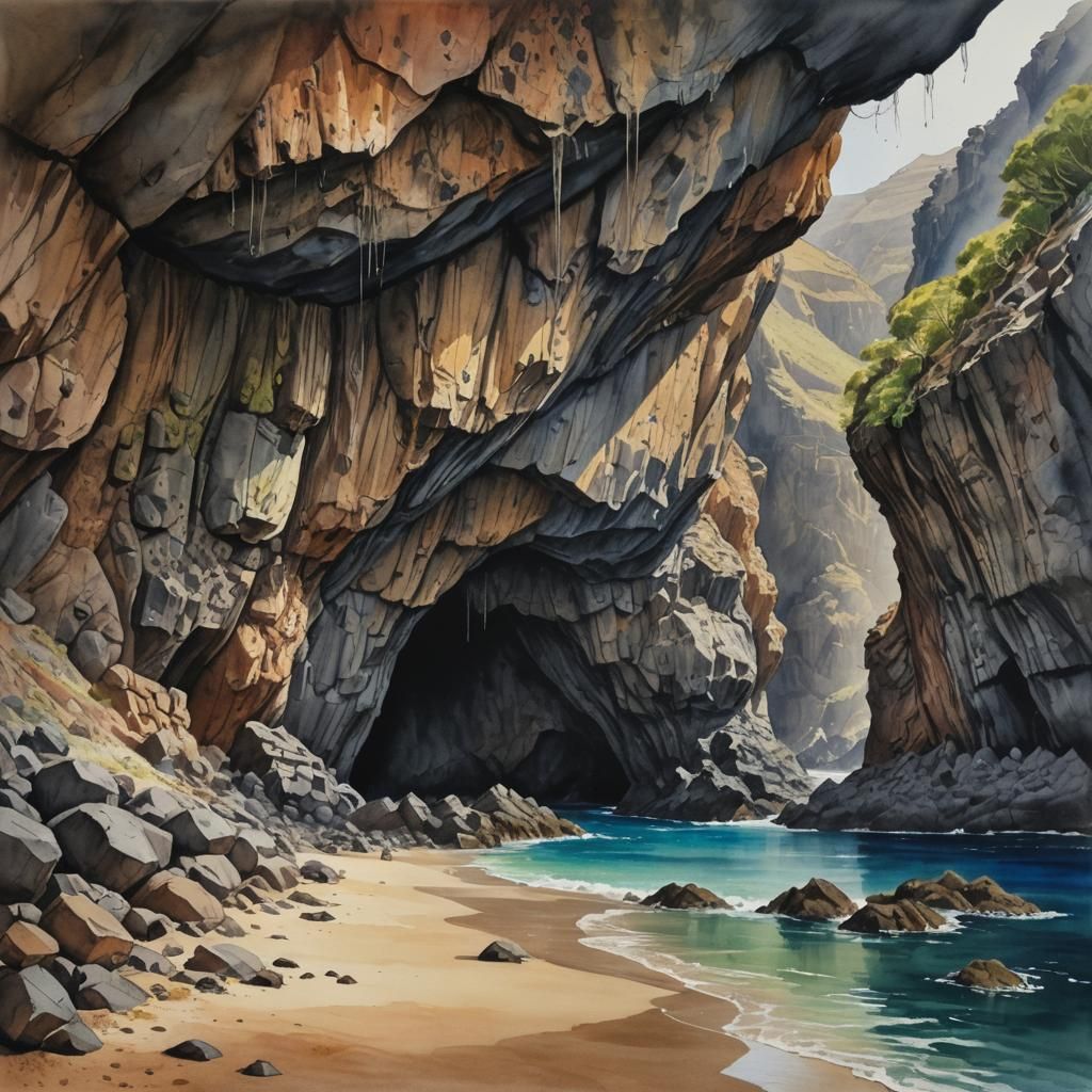 Cave in Canary Islands in Watercolor Painting Style
