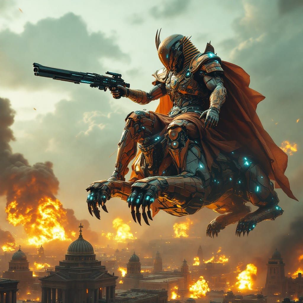 Alien Roman Emperor on Flying Sphinx in Cyberpunk Style