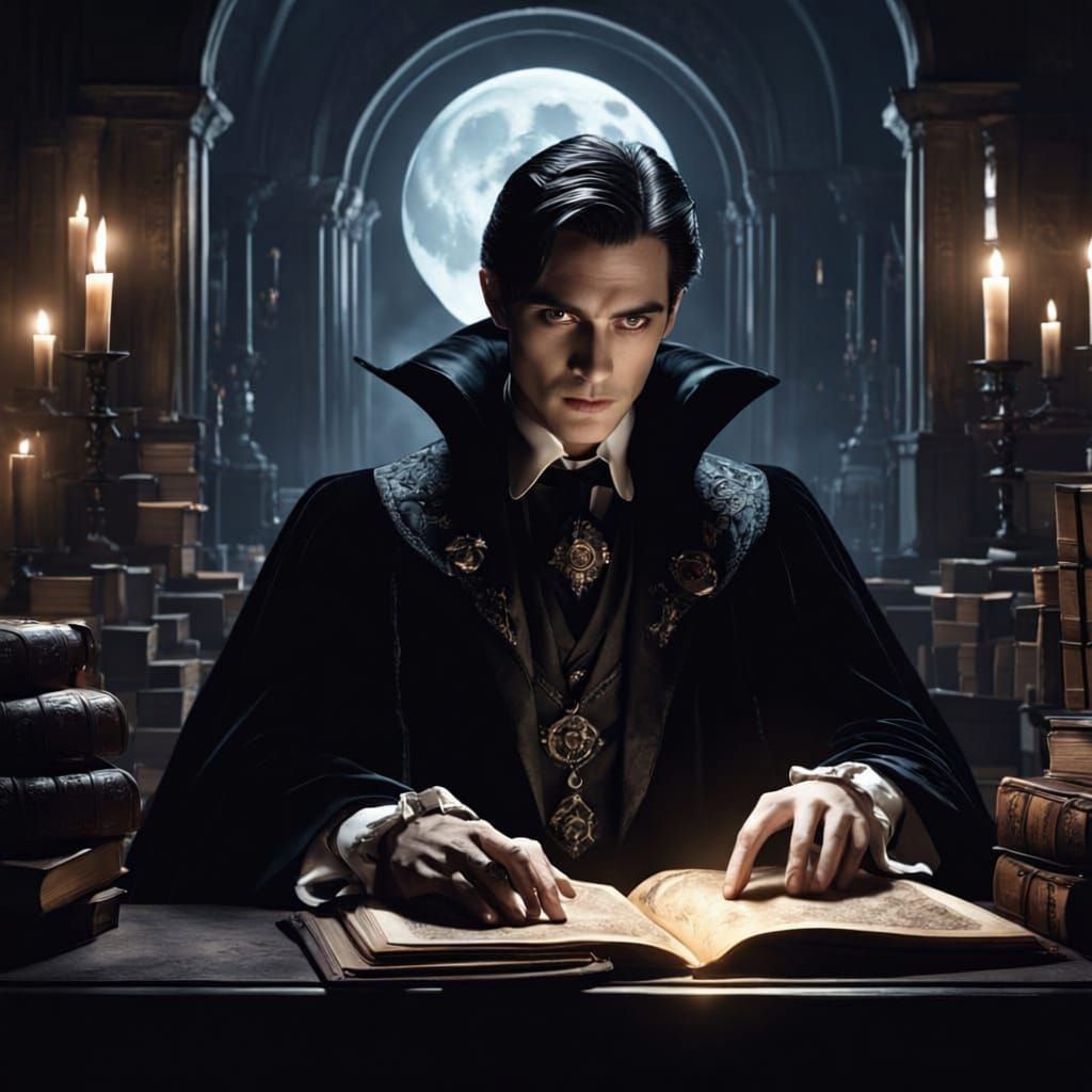 Dapper Neo-Vampire Merlin in Opulent Study