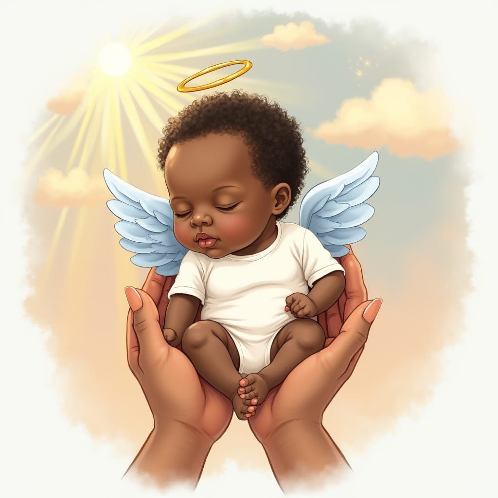Sleeping African American Baby Boy with Angelic Wings and Ha...