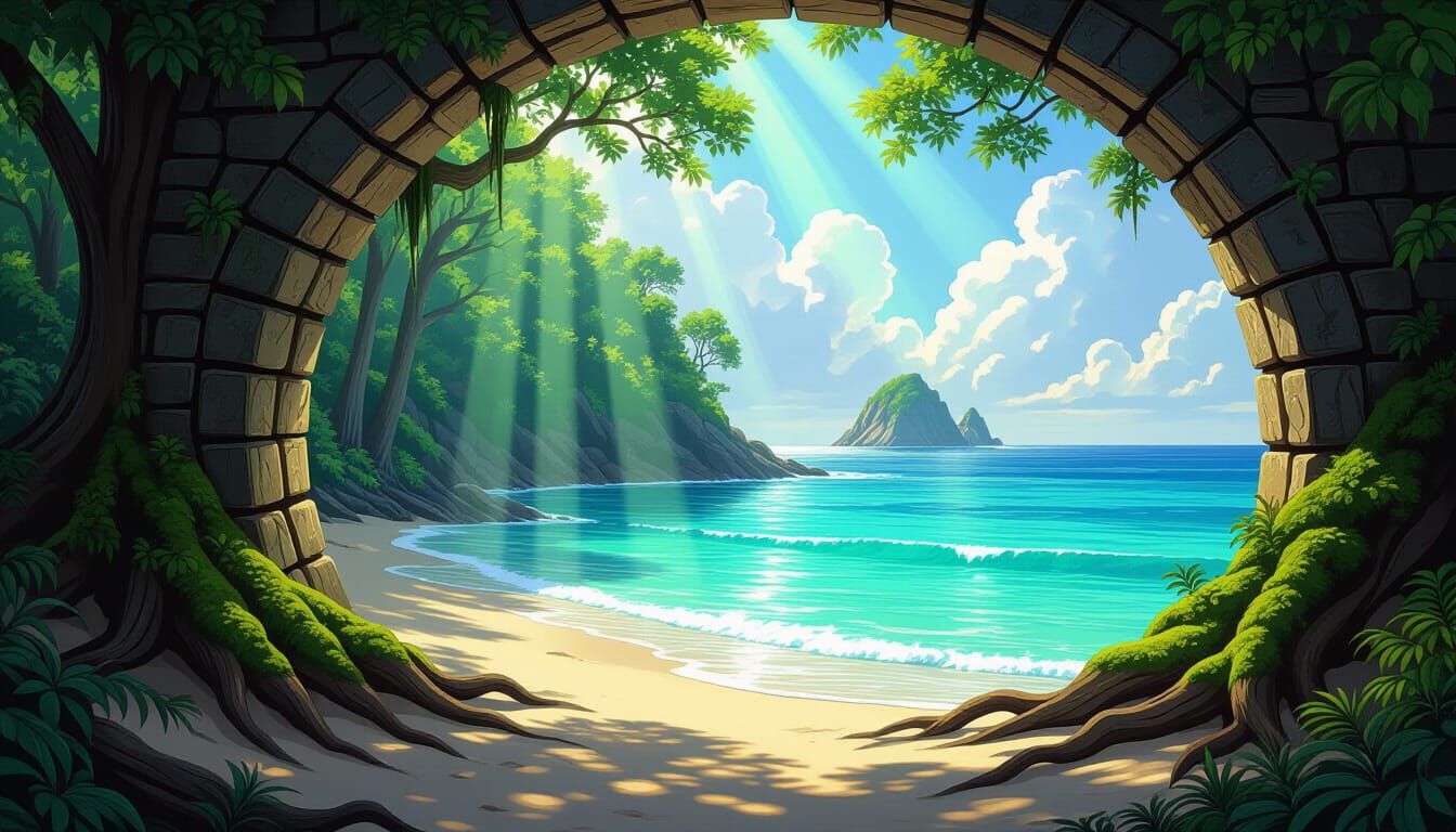 Magical Forest Meets Sea Archway in Fantasy Art Style