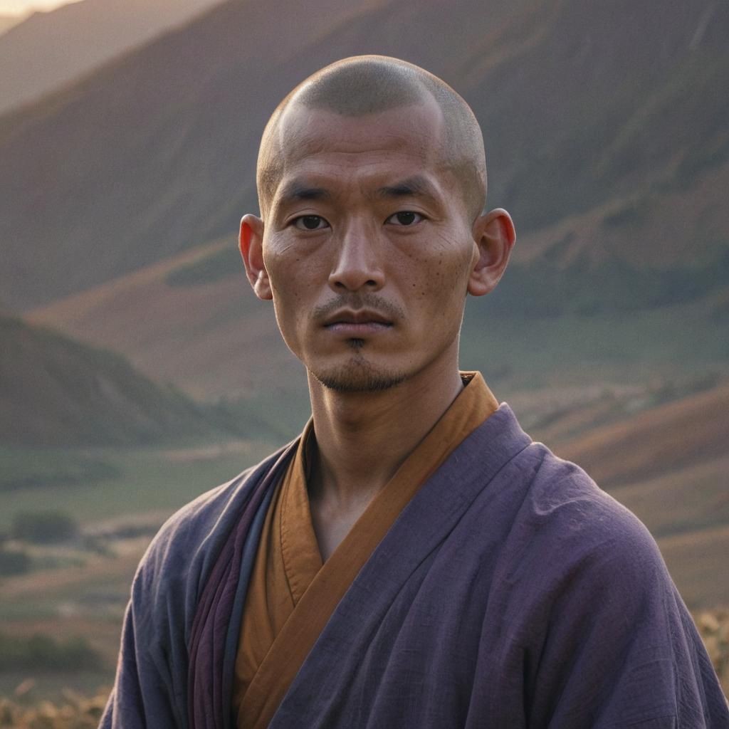 Thoughtful Tibetan Monk in Golden Hour Light
