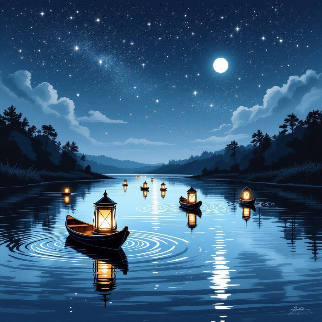 Lanterns on Serene River: Charcoal Drawing
