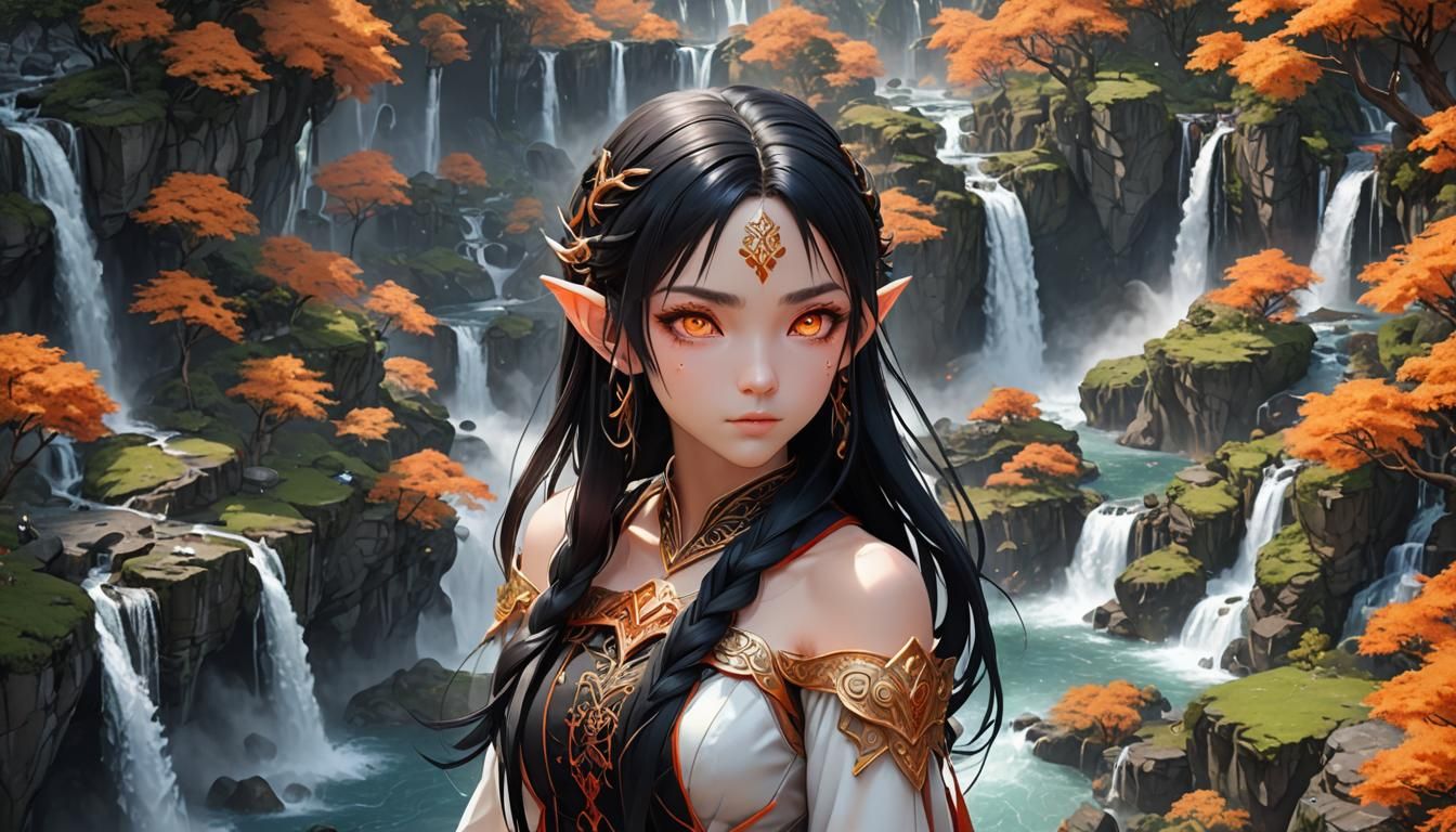 Gorgeous Elf with Waterfalls in Anime Style