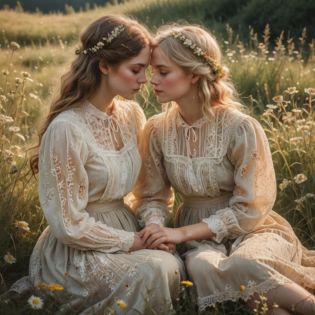 Romantic Kiss in Meadow, Pre-Raphaelite Style