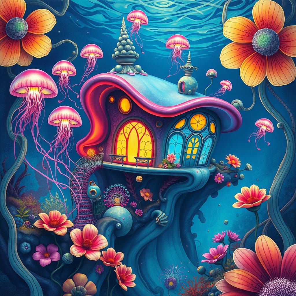Dreamlike Underwater Abode in Vibrant, Bioluminescent Bloom