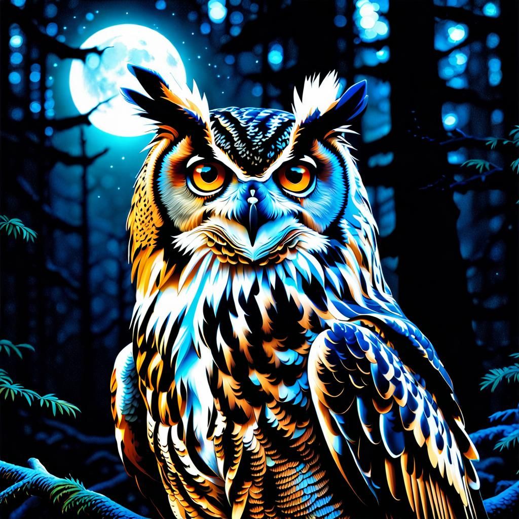 Majestic Eagle Owl in Magical Forest: Photorealistic Dark Fa...